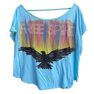 Free Spirit Vintage Boho Bird Graphic Festival Blue Watercolor Open Back Shirt